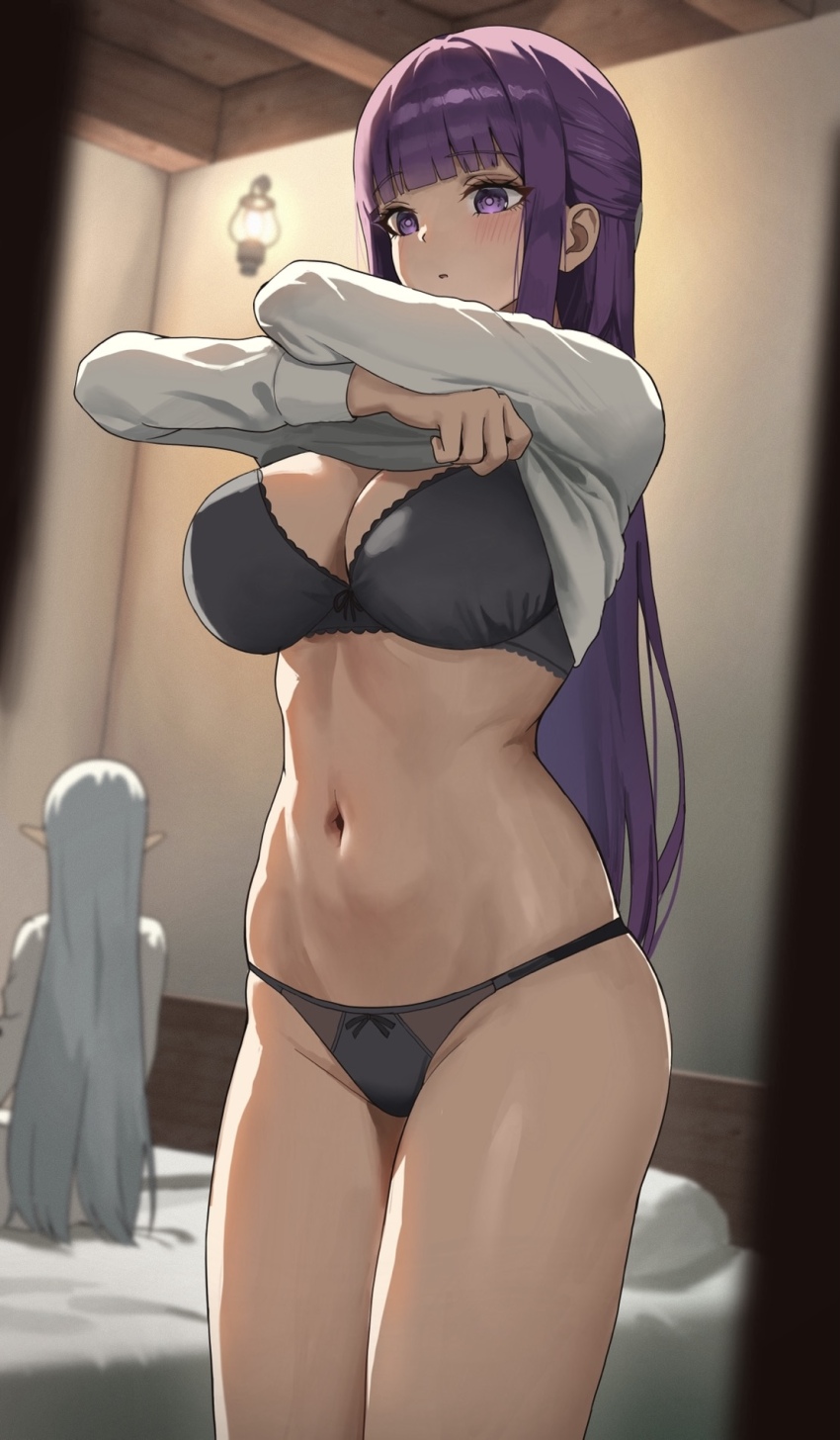 2girls anteiru bed black_bra black_panties blunt_bangs blurry blurry_background blush bra breasts cleavage commentary_request elf fern_(sousou_no_frieren) frieren hair_down highres indoors large_breasts long_hair long_sleeves multiple_girls navel on_bed panties pointy_ears purple_eyes purple_hair shirt sousou_no_frieren standing stomach thighs underwear undressing very_long_hair white_hair white_shirt