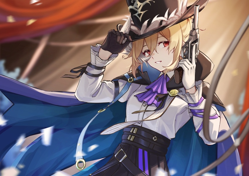 1girl 3_small_spiders black_gloves black_skirt blonde_hair cape commentary_request girls&#039;_frontline gloves gun handgun hat hat_tip holding holding_gun holding_weapon looking_at_viewer nagant_m1895 nagant_revolver_(girls&#039;_frontline) nagant_revolver_(historian_of_thievery)_(girls&#039;_frontline) parted_lips purple_cape red_eyes revolver shirt short_hair skirt solo top_hat trigger_discipline weapon white_shirt