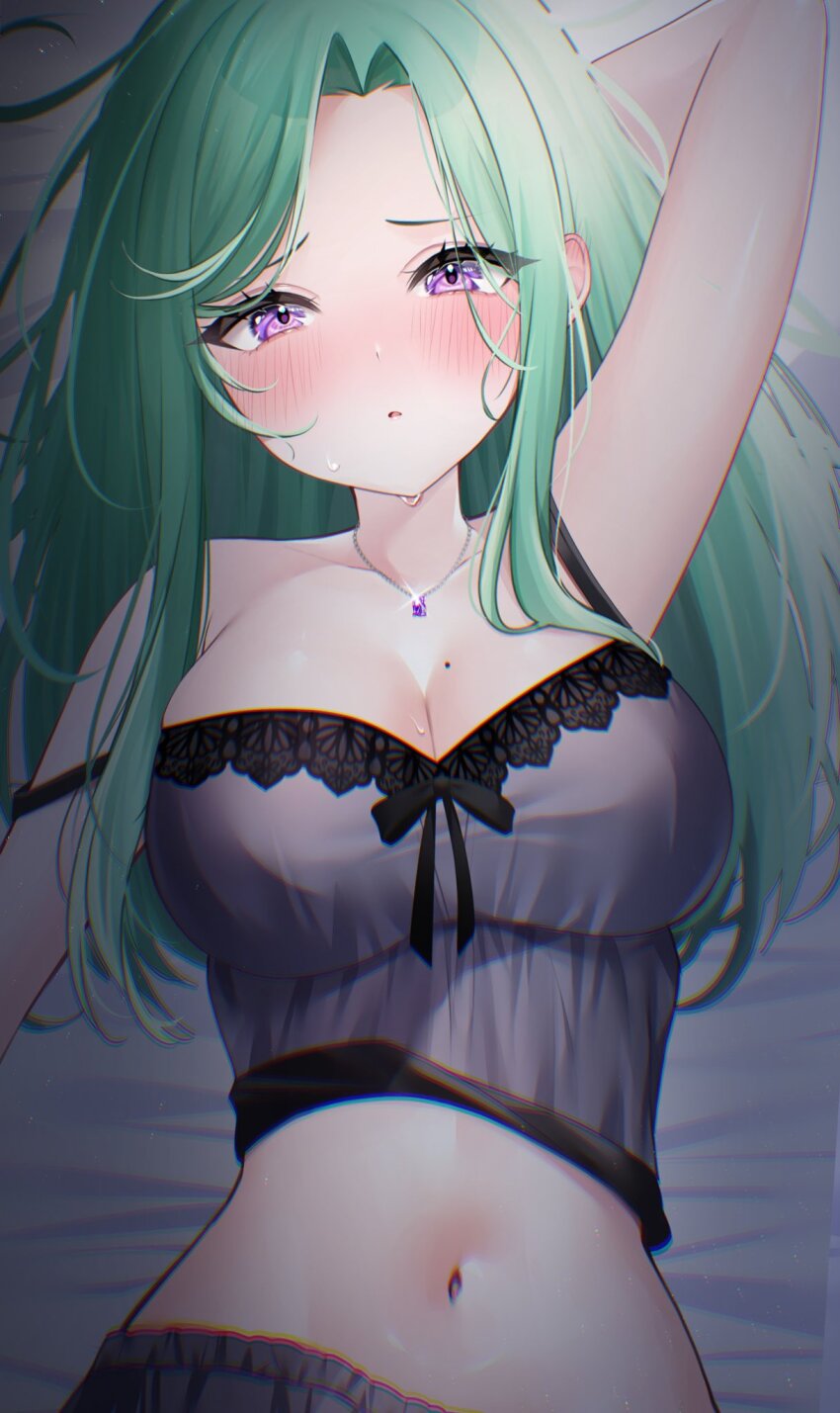 1girl arm_behind_head bare_shoulders black_bow blush bow breasts camisole chromatic_aberration cleavage green_hair grey_camisole grey_shorts highres jewelry large_breasts long_hair looking_at_viewer midriff mole mole_on_breast navel necklace neko_neneko open_mouth parted_bangs purple_eyes shorts sleepwear solo stomach strap_slip sweat sweatdrop virtual_youtuber vspo! yakumo_beni yakumo_beni_(5th_costume)