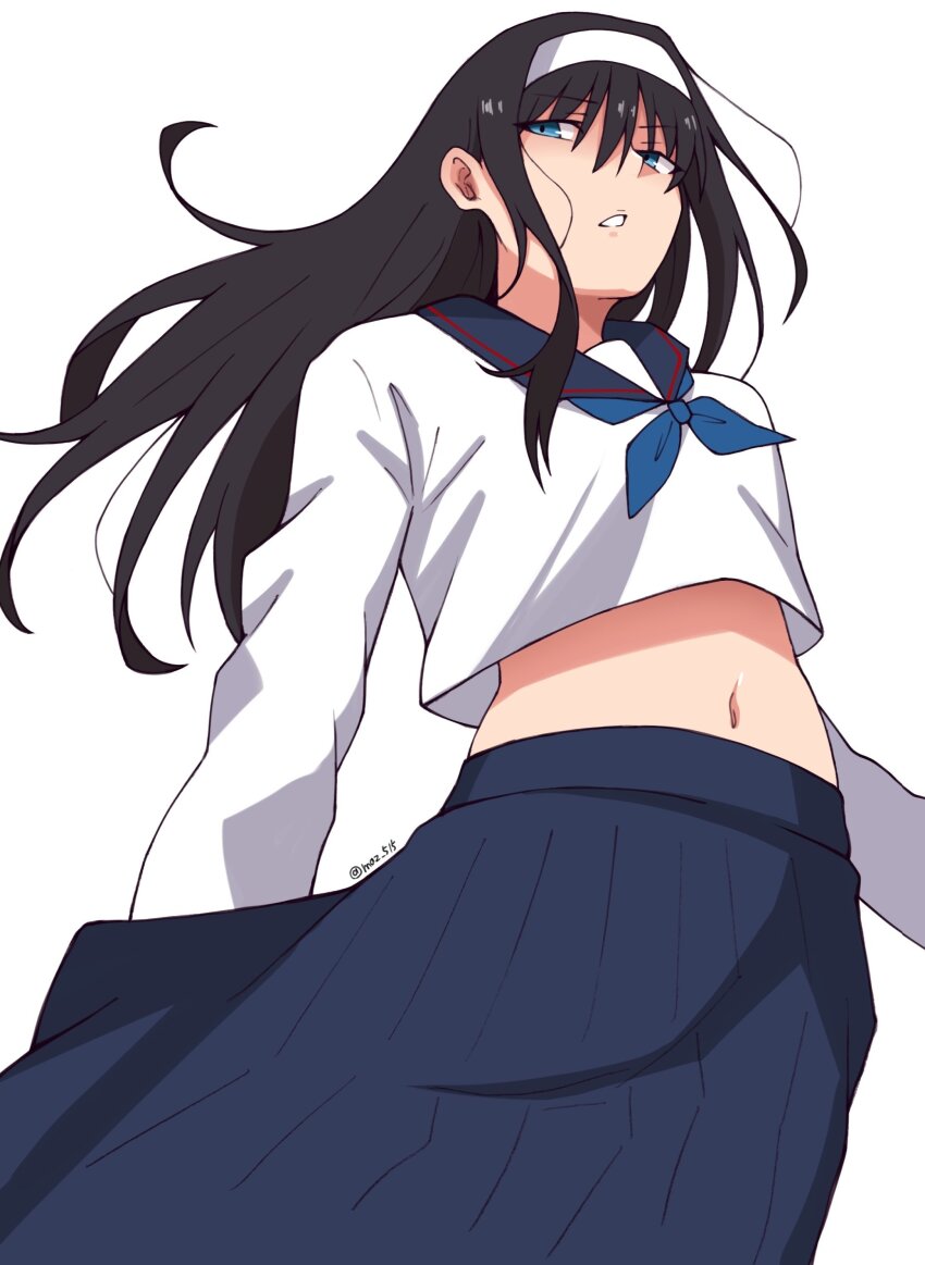 1girl absurdres black_hair blue_eyes blue_skirt commentary_request hair_between_eyes hairband highres long_hair loose_hair_strand maz_515 navel sailor_collar sailor_shirt shirt simple_background skirt solo tohno_akiha tsukihime v-shaped_eyebrows white_background white_hairband white_shirt