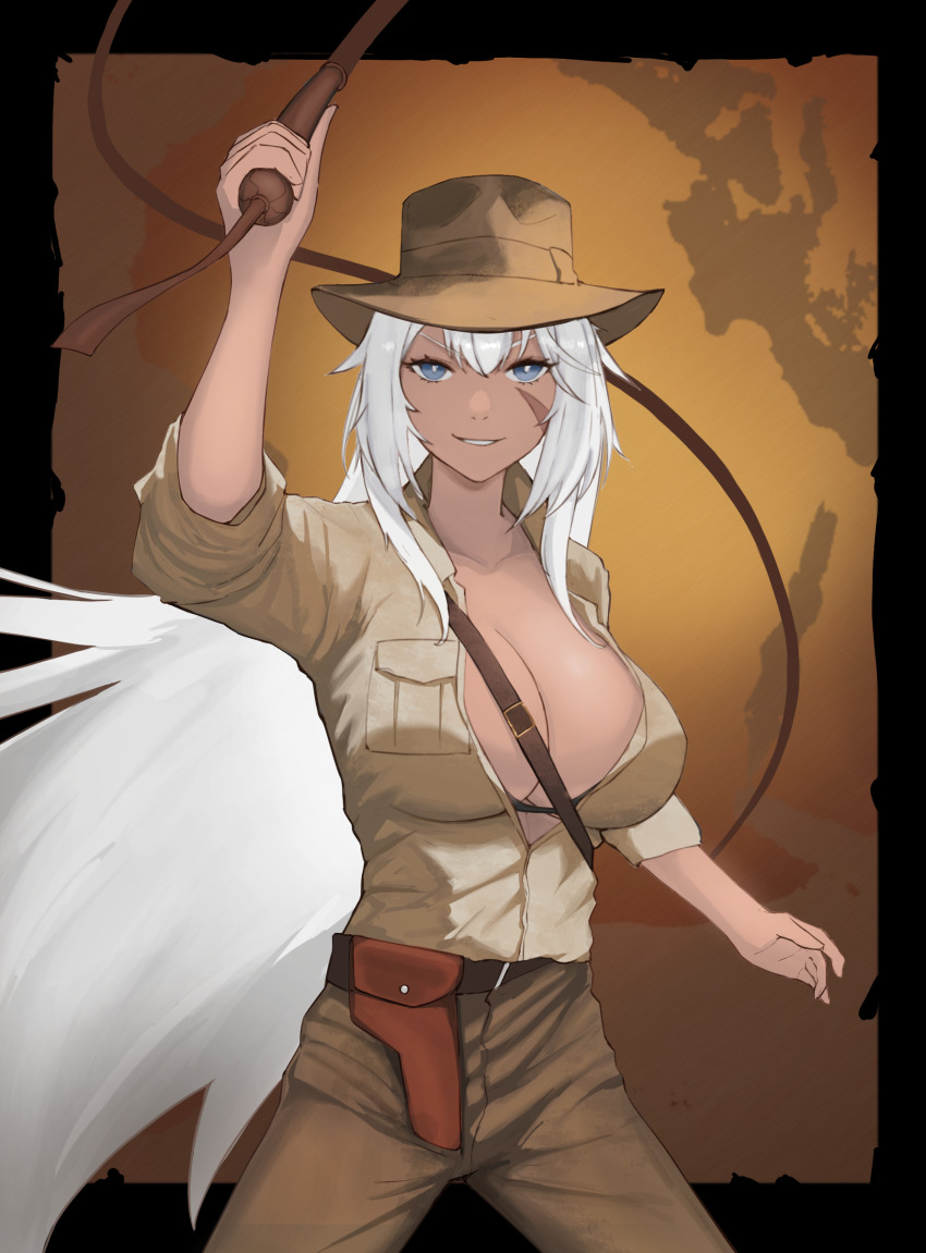 1girl absurdres azur_lane blue_eyes breast_pocket breasts brown_hat brown_pants brown_shirt cleavage collared_shirt cosplay cowboy_shot dark-skinned_female dark_skin hat highres holding holding_whip holster huge_breasts indiana_(azur_lane) indiana_jones indiana_jones_(cosplay) indiana_jones_(series) long_hair looking_at_viewer name_connection pants pocket scar scar_on_face shirt solo strumpionners442 very_long_hair white_hair