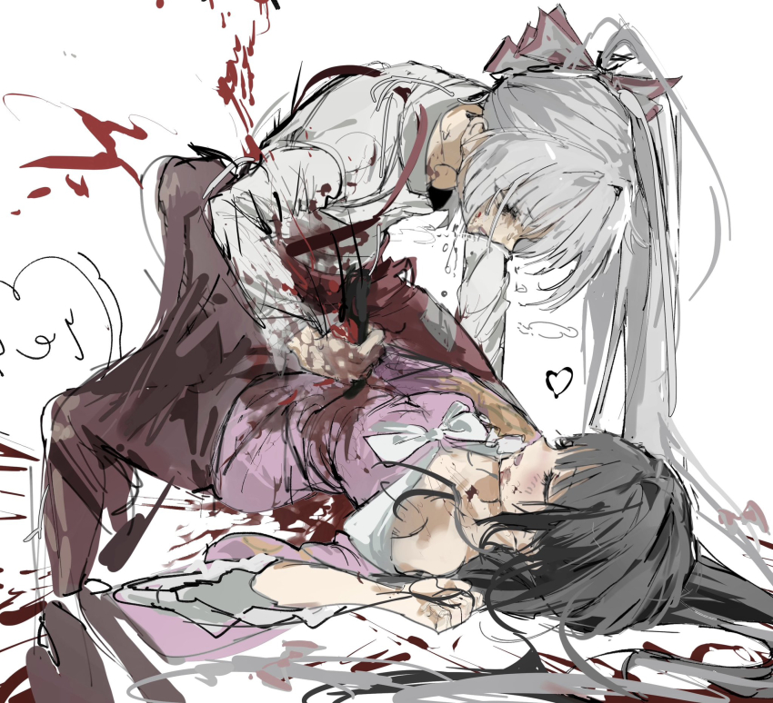 2girls black_hair blood blood_on_chest blood_on_clothes blood_on_ground blood_on_hands blood_splatter bloody_weapon blunt_bangs bow bowtie closed_eyes clothing_cutout frills fujiwara_no_mokou hair_between_eyes hair_bow hair_spread_out heart heart_cutout high_ponytail highres hime_cut houraisan_kaguya injury light_blush long_hair long_sleeves looking_at_another lying messy_hair multiple_girls on_back ponytail sesmkun shirt simple_background stab sweatdrop touhou very_long_hair weapon white_background white_bow white_bowtie white_hair white_shirt yuri