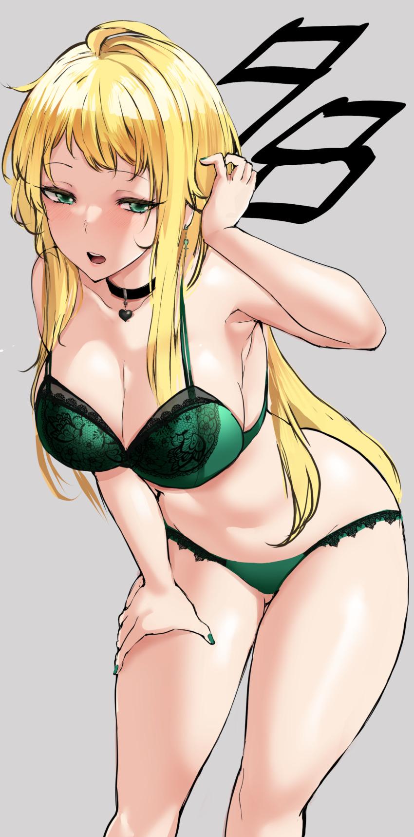 1girl absurdres aged_up agetama black_bullet black_choker blonde_hair blush bra breasts choker cleavage earrings green_bra green_eyes green_nails green_panties grey_background hand_up highres jewelry large_breasts leaning_forward long_hair nail_polish open_mouth panties simple_background solo stomach thighs tina_sprout underwear