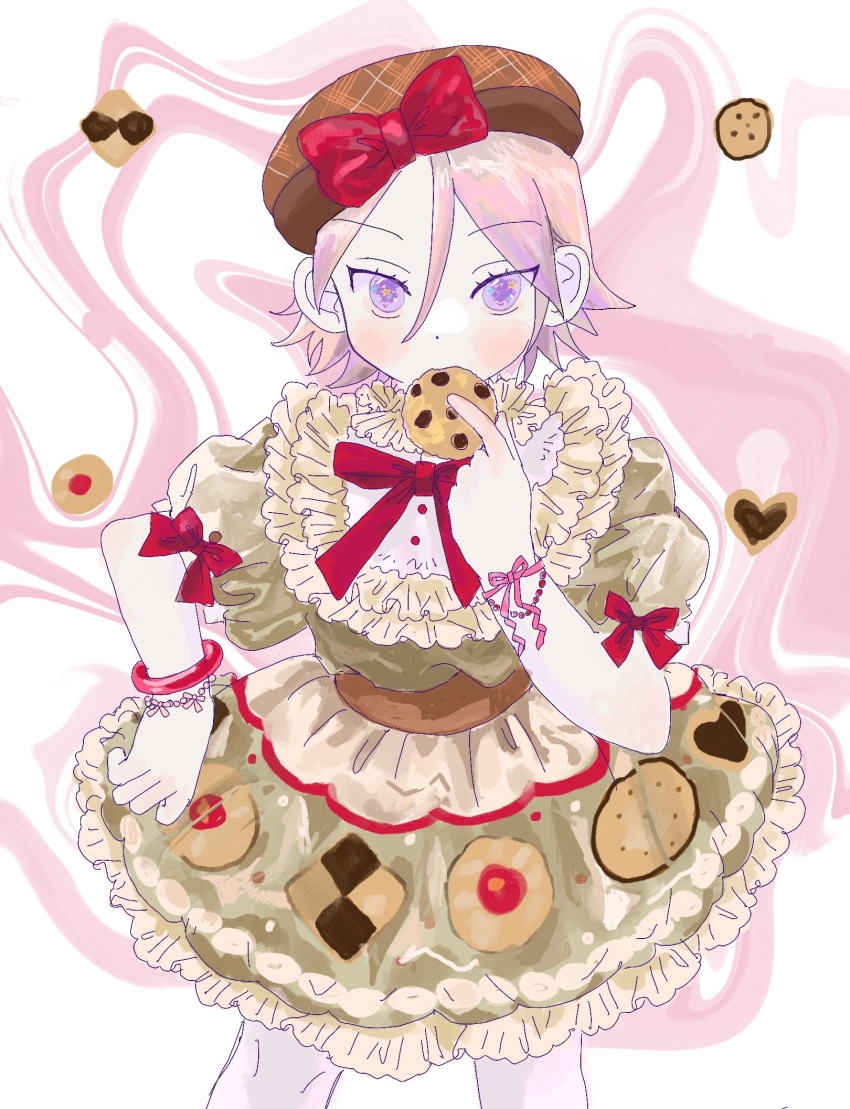 1boy alternate_costume beret bow bowtie bracelet brown_hat brown_sash choker collar cookie cookie_print cowboy_shot crossdressing doodle_inset dress eating ensemble_stars! eyelashes flipped_hair food food_print frilled_choker frilled_collar frills hair_between_eyes hand_up hat hat_bow highres holding holding_cookie holding_food jewelry light_blush lolita_fashion looking_ahead male_focus oukawa_kohaku pale_skin pink_background pink_hair plaid_clothes plaid_headwear puffy_short_sleeves puffy_sleeves purple_eyes red_bow ribbon short_hair short_sleeves sleeve_bow solo standing sweet_lolita taiheiyo trap tsurime two-tone_background white_background wrist_ribbon yellow_dress