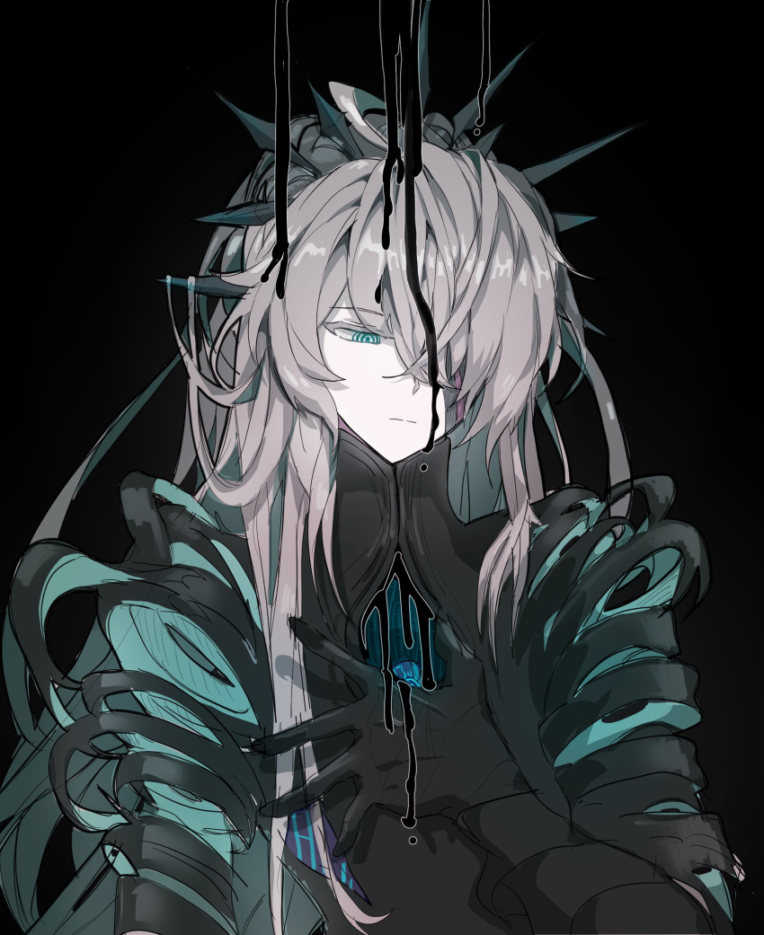 1boy ainchase_ishmael black_background black_gloves closed_mouth colored_eyelashes colored_inner_hair commentary core dripping elsword expressionless gloves green_eyes green_hair grey_hair hair_over_one_eye hand_on_own_chest herrscher_(elsword) high_ponytail highres hole_in_chest hole_on_body hollow_body jjim korean_commentary long_hair looking_down male_focus multicolored_hair ponytail ringed_eyes simple_background solo streaked_hair unraveling upper_body