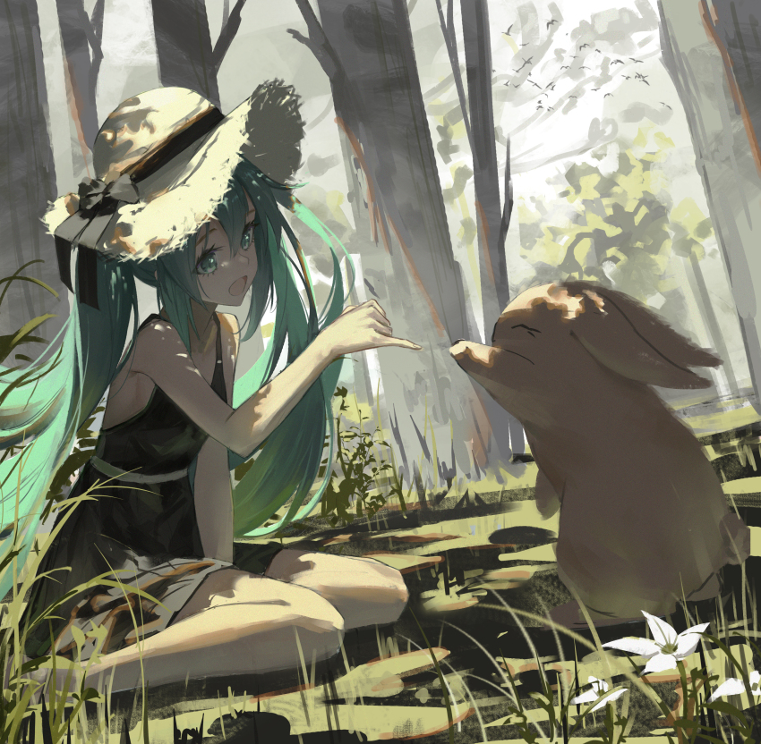 1girl absurdres animal black_bow black_dress black_ribbon bow breasts brown_hat chinese_commentary commentary dappled_sunlight day dress flower grass green_eyes green_hair hair_between_eyes hat hatsune_miku highres long_hair looking_at_animal loong_(loong_blo) on_ground open_mouth outdoors pinky_swear rabbit ribbon sidelocks sleeveless sleeveless_dress small_breasts smile solo straw_hat sunlight tree twintails vocaloid white_flower