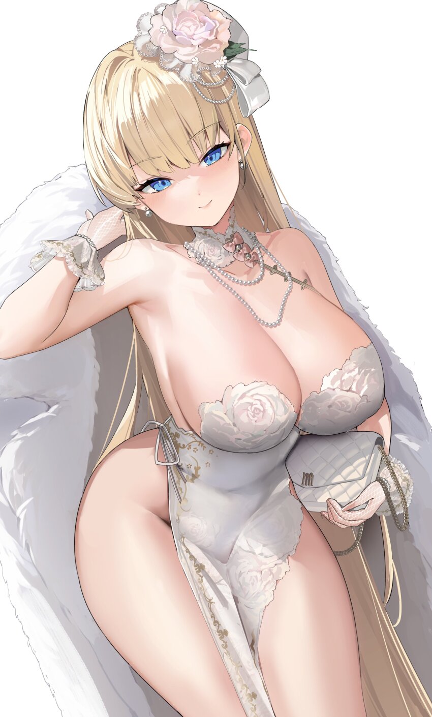 1girl absurdres bag bare_shoulders bead_necklace beads blonde_hair blue_eyes blush breasts closed_mouth collarbone commentary dress earrings fishnet_gloves fishnets gloves hair_ornament hand_up highres holding holding_bag jewelry large_breasts long_hair mendou_kusai necklace original simple_background smile solo symbol-only_commentary thighs white_background white_bag white_dress white_gloves