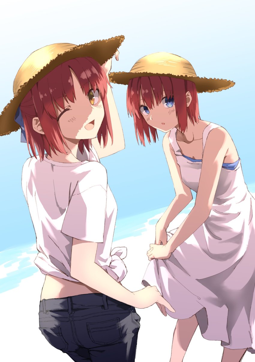 2girls alternate_costume bare_shoulders beach black_pants blue_bow blue_eyes blush bow chiizu_ore commentary_request day denim dress from_behind hair_bow half_updo hat highres hisui_(tsukihime) jeans kohaku_(tsukihime) looking_at_viewer multiple_girls one_eye_closed outdoors pants red_hair shirt short_hair short_sleeves siblings sisters sleeveless sleeveless_dress smile straw_hat sun_hat sundress tsukihime twins water white_dress white_shirt yellow_eyes