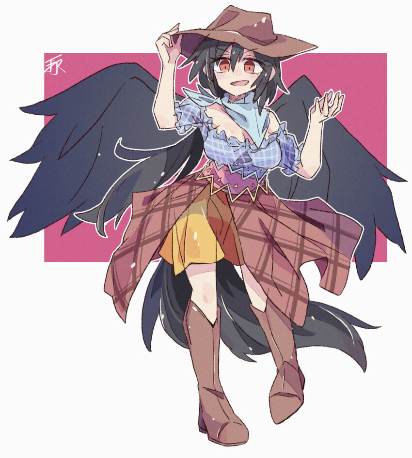 1girl black_wings blue_dress boots breasts brown_dress brown_footwear brown_hat cleavage commentary cowboy_boots cowboy_hat cowboy_western dress frilled_dress frills full_body hat highres horse_girl horse_tail kurokoma_saki massakasama_(style) medium_breasts minoru_minoru multicolored_clothes multicolored_dress open_mouth overskirt pegasus_wings pigeon-toed pink_dress ponytail puffy_short_sleeves puffy_sleeves short_sleeves tail touhou v-shaped_eyebrows wings