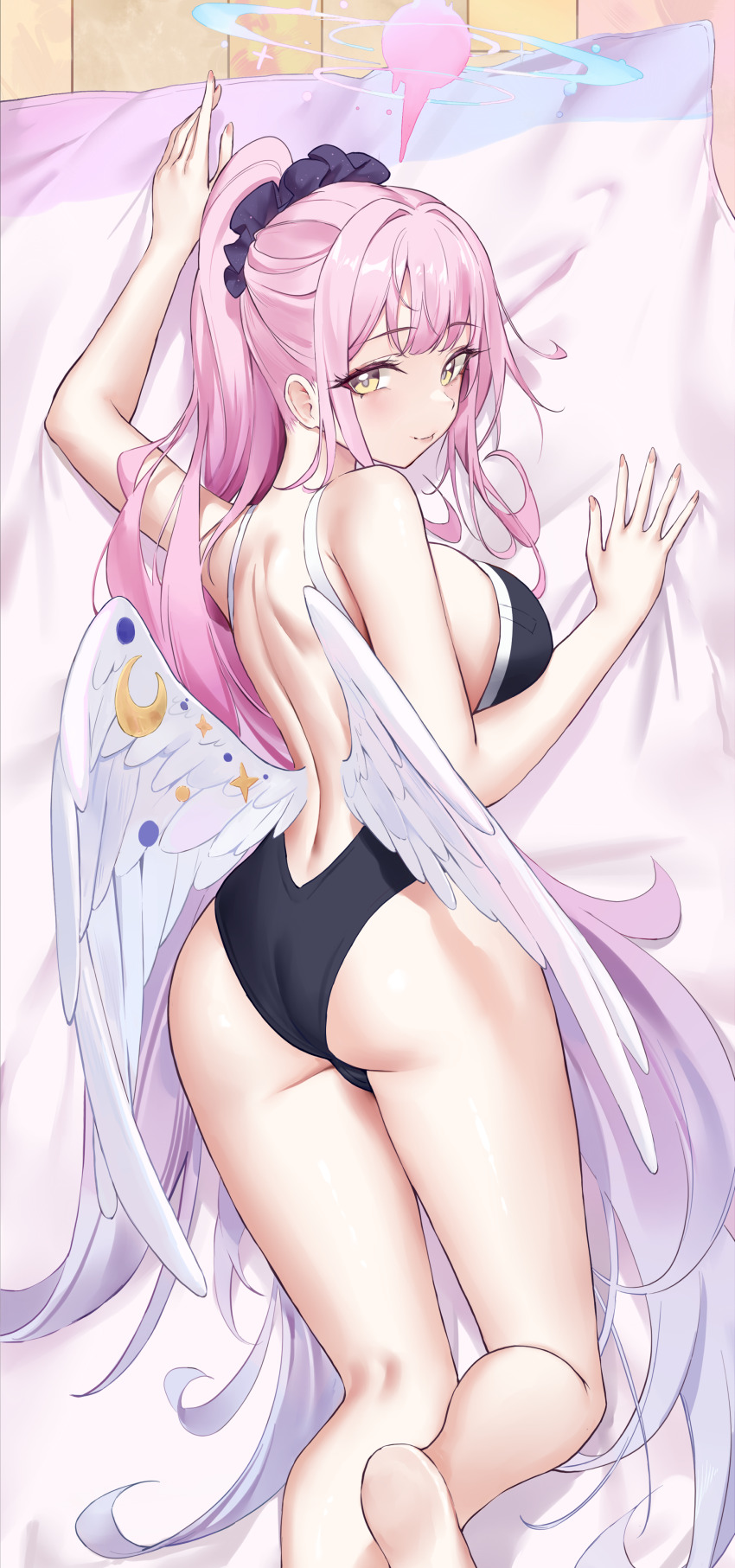 1girl absurdres ass backless_swimsuit black_one-piece_swimsuit blue_archive blush breasts dakimakura_(medium) feathered_wings hair_ornament hair_scrunchie highleg highleg_one-piece_swimsuit highres kneepits large_breasts looking_at_viewer looking_back lying median_furrow mika_(blue_archive) on_stomach one-piece_swimsuit pdxen pink_hair ponytail school_swimsuit scrunchie smile soles solo swimsuit white_wings wings wooden_floor