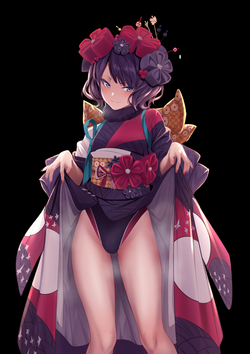 1girl absurdres black_background blush breasts clothes_lift fate/grand_order fate_(series) flower hair_flower hair_ornament hairpin highleg highleg_one-piece_swimsuit highres japanese_clothes katsushika_hokusai_(fate) kimono kimono_lift looking_at_viewer obi one-piece_swimsuit parted_lips purple_eyes purple_hair purple_kimono purple_one-piece_swimsuit sash short_hair smile solo swept_bangs swimsuit swimsuit_under_clothes thighs ulrich_(tagaragakuin) wide_sleeves