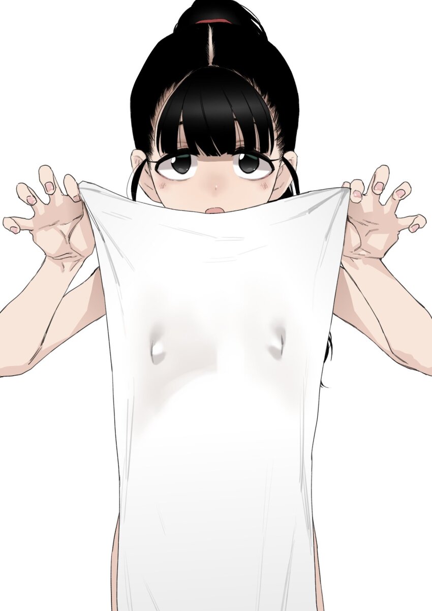 1girl black_hair center-flap_bangs covered_erect_nipples eyelashes fukuyama_mai high_ponytail highres holding holding_towel idolmaster idolmaster_cinderella_girls looking_at_viewer mukago_(mukagomumumu) nude open_mouth sidelocks simple_background solo straight-on towel white_background