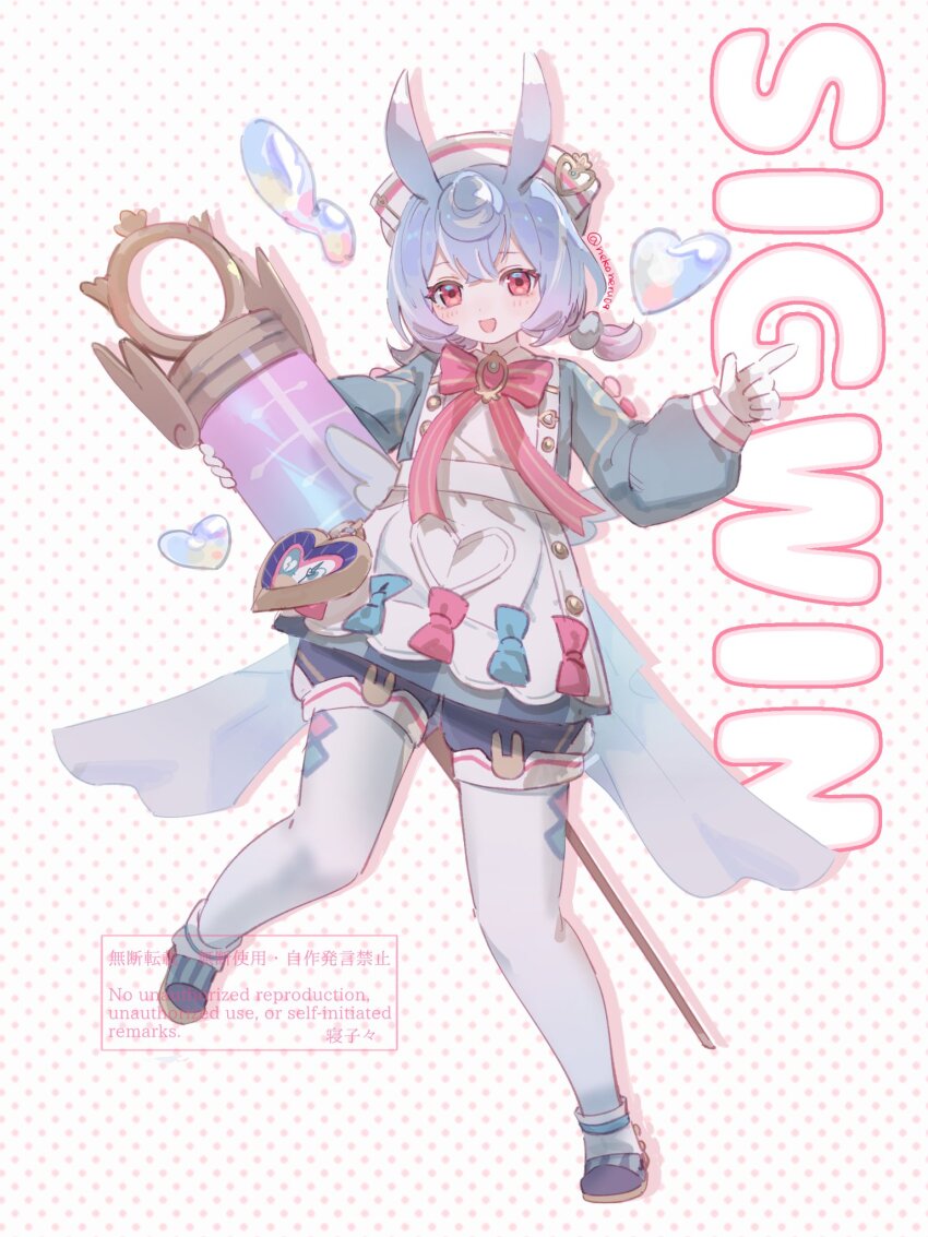 1girl antennae apron aqua_shirt blue_bow blue_hair blue_shirt bow bubble character_name genshin_impact gloves hands_up hat heart highres holding holding_syringe index_finger_raised large_syringe long_sleeves looking_at_viewer low_twintails nekoneru09 nurse_cap oversized_object pantyhose pink_bow pink_eyes polka_dot polka_dot_background puffy_long_sleeves puffy_shorts puffy_sleeves shirt shorts sigewinne_(genshin_impact) solo syringe twintails white_apron white_background white_gloves white_hat white_pantyhose