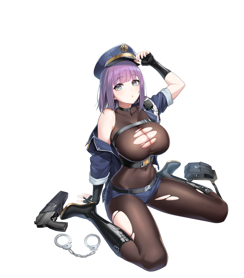 1girl aeri_(closers) arm_up bare_shoulders belt black_choker black_footwear black_gloves blue_jacket blue_shorts bodysuit boots breasts brown_bodysuit chest_harness choker cleavage closers covered_collarbone covered_navel cropped_jacket cuffs fingerless_gloves gloves green_eyes gun hand_on_headwear handcuffs handgun harness hat high_heel_boots high_heels highres jacket knee_boots large_breasts looking_at_viewer micro_shorts mole mole_under_mouth non-web_source off_shoulder official_art open_clothes open_jacket parted_lips peaked_cap purple_hair short_hair shorts sitting solo thighs torn_bodysuit torn_clothes wariza weapon