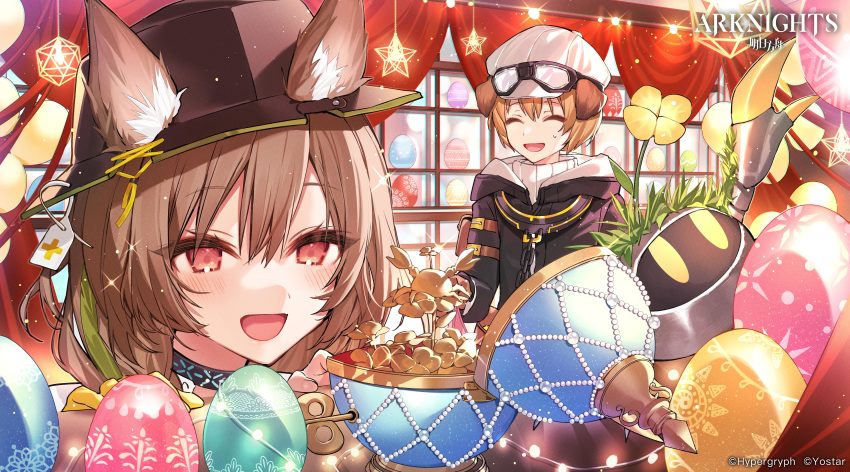 1boy 1girl :d absurdres animal_ears arknights beanstalk_(arknights) black_choker black_headwear black_jacket brown_hair choker ears_through_headwear easter_egg egg fedora goggles goggles_on_headwear grey_hair greyy_(arknights) hanagata hat highres infection_monitor_(arknights) jacket metal_crab_(arknights) official_art open_mouth short_hair smile white_headwear window