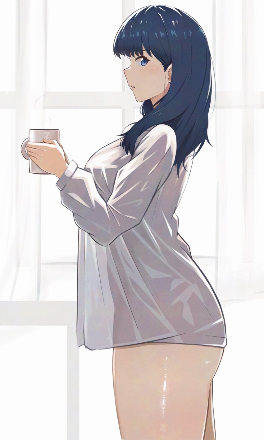 1girl ass black_hair blue_eyes blush breasts cup gridman_universe gridman_universe_(film) highres holding holding_cup long_hair long_sleeves looking_at_viewer mug open_mouth see-through_clothes shee-p_(inemurisheep113) shirt solo takarada_rikka thighs window