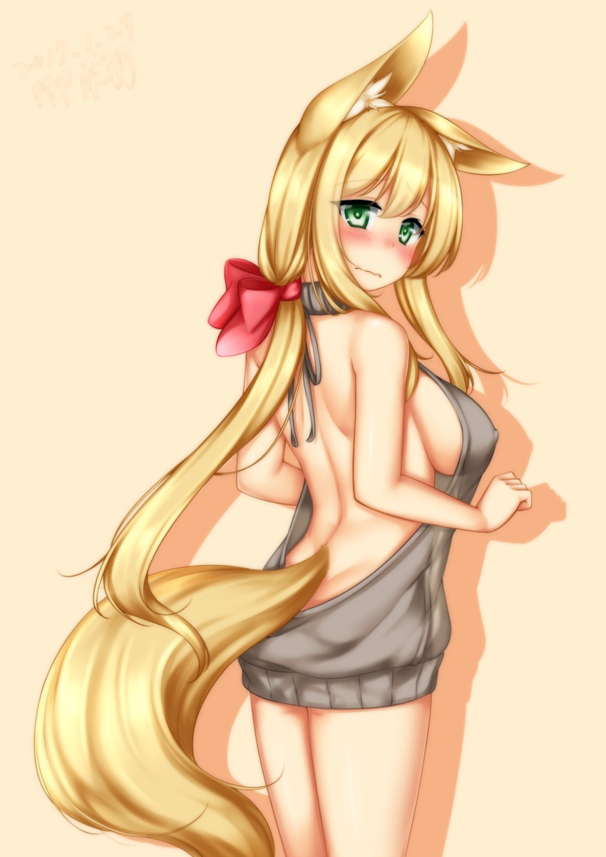 1girl animal_ears ass back backless_dress backless_outfit bare_back bare_shoulders blush bow breasts closed_mouth covered_erect_nipples cowboy_shot dress female_focus fox_ears fox_girl fox_tail from_behind grey_dress hair_bow halterneck hands_up highres himeka_chiyako large_breasts legs_together long_hair looking_at_viewer looking_back meme_attire minaha_(playjoe2005) no_bra no_panties original ponytail ribbed_sweater sideboob simple_background single_ear_down solo standing sweater sweater_dress tail turtleneck turtleneck_sweater virgin_killer_sweater wavy_mouth