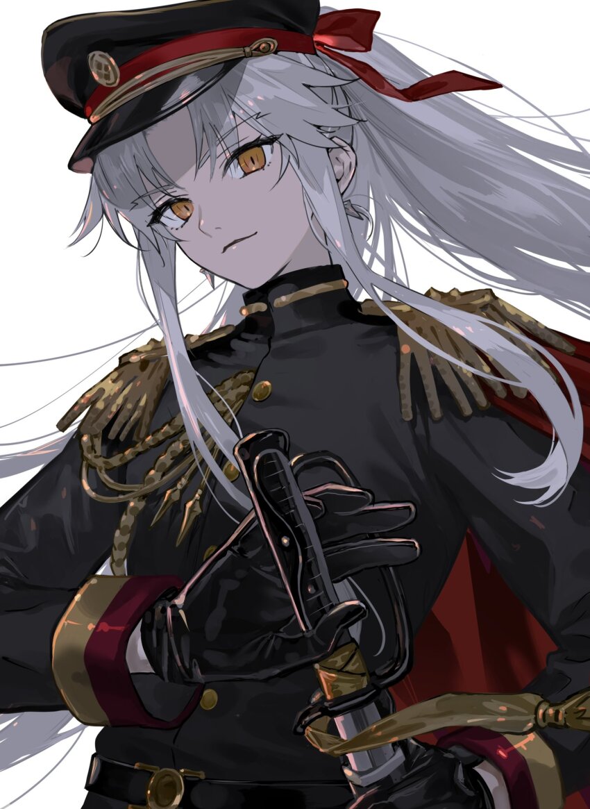 1boy amakusa_shirou_(fate) black_gloves black_jacket brown_eyes cape dark-skinned_male dark_skin drawing_sword earrings epaulettes fate/apocrypha fate/grand_order fate_(series) gloves grey_hair hat highres holding holding_sword holding_weapon jacket jewelry long_hair long_sleeves looking_at_viewer male_focus military_uniform nipi27 ponytail simple_background smile solo sword upper_body weapon white_background