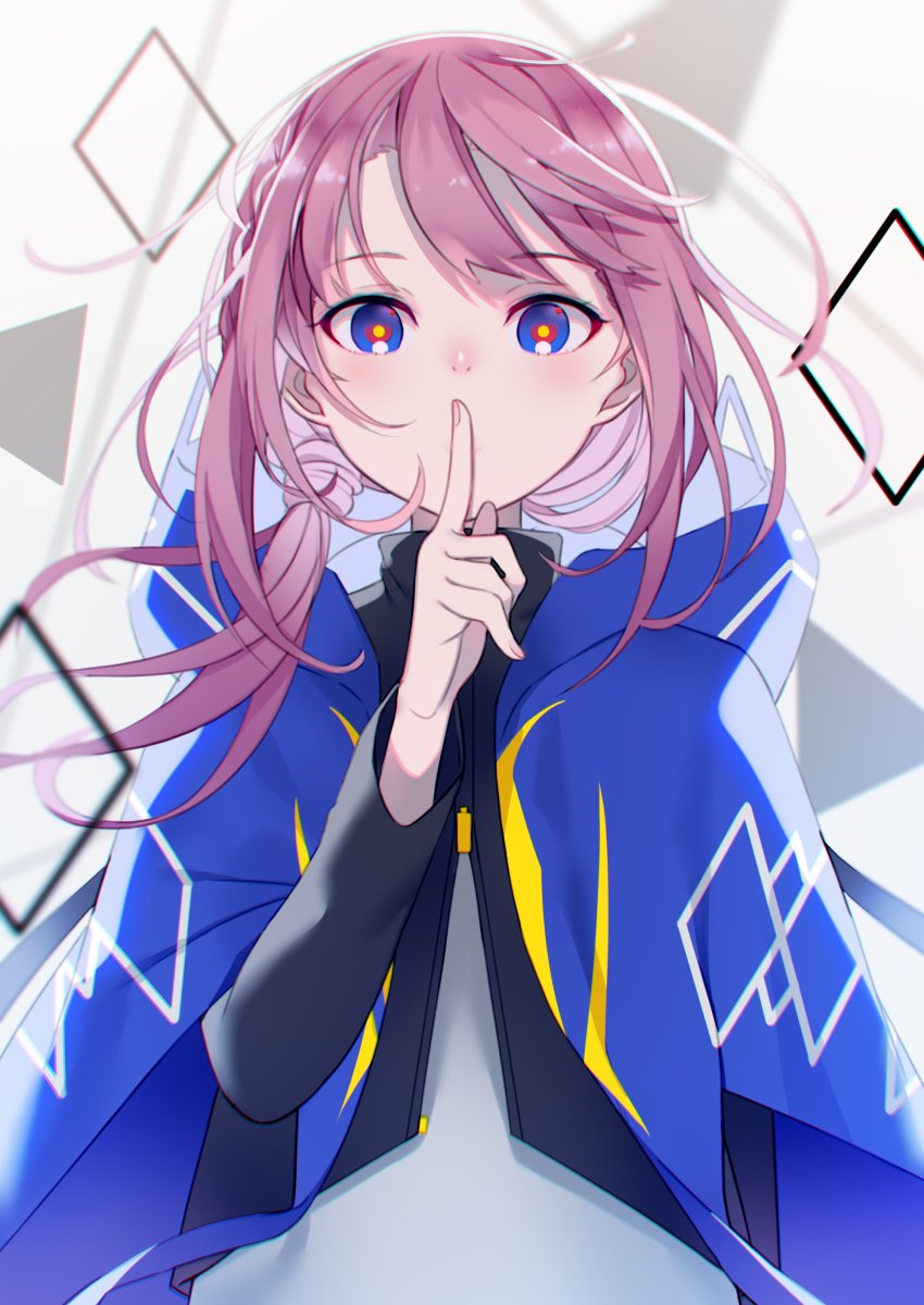 1girl absurdres blue_eyes blush capelet finger_to_mouth highres hood hood_down hooded_capelet index_finger_raised kaf_(kamitsubaki_studio) kamitsubaki_studio long_hair looking_at_viewer multicolored_eyes pink_hair shushing side_ponytail solo somnium upper_body virtual_youtuber yellow_pupils