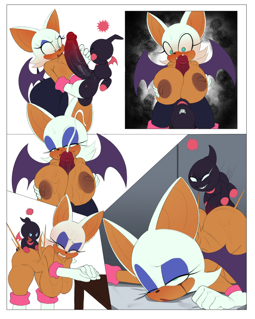 1girl absurdres apathynsfw ass blush boots breasts chao_(sonic) dark_chao doggystyle furry furry_female gloves glowing glowing_eyes highres holding_testicles huge_breasts huge_penis huge_testicles inverted_nipples large_breasts paizuri penis penis_grab puffy_nipples rouge_the_bat runny_makeup sega sex sex_from_behind sharp_teeth sonic_(series) sonic_adventure_2 table tail teeth testicles thigh_boots unfinished wings