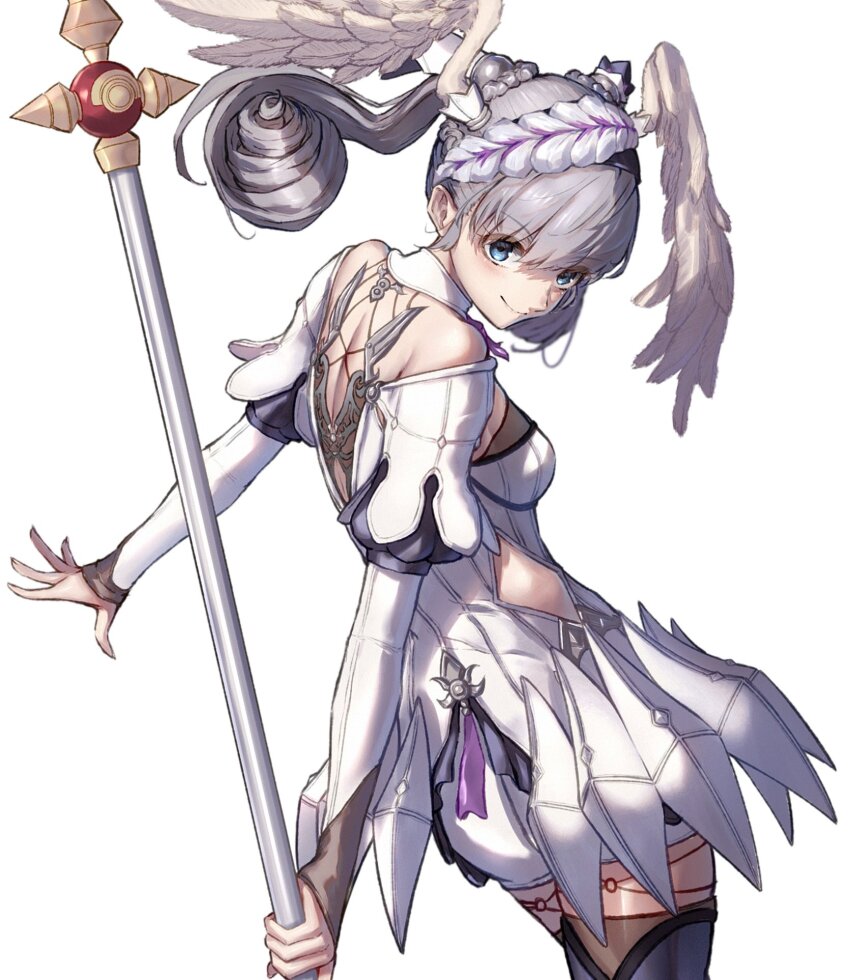 1girl ass blue_eyes braid breasts crown_braid curly_hair gloves grey_hair hakusai_(hksicabb) head_wings highres long_hair long_sleeves looking_at_viewer medium_breasts melia_antiqua puffy_sleeves simple_background smile solo staff thighhighs wings xenoblade_chronicles:_future_connected xenoblade_chronicles_(series) xenoblade_chronicles_1