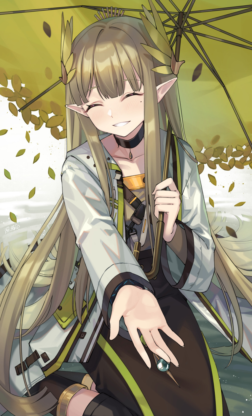 1girl absurdres arknights black_choker choker closed_eyes coat collarbone commentary grin hair_ornament highres holding holding_umbrella lab_coat long_hair long_sleeves mole mole_under_eye muelsyse_(arknights) open_clothes open_coat pointy_ears reaching reaching_towards_viewer shinkai_kokoa sitting smile solo umbrella very_long_hair