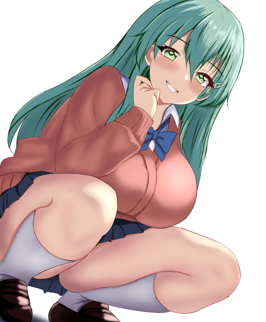 1girl black_footwear black_skirt blush breasts brown_cardigan cardigan collared_shirt commentary_request green_eyes green_hair grin hair_between_eyes highres kantai_collection large_breasts long_hair looking_at_viewer montemasa pleated_skirt school_uniform shirt sidelocks simple_background skirt smile socks solo squatting suzuya_(kancolle) teeth thighs white_background white_shirt white_socks