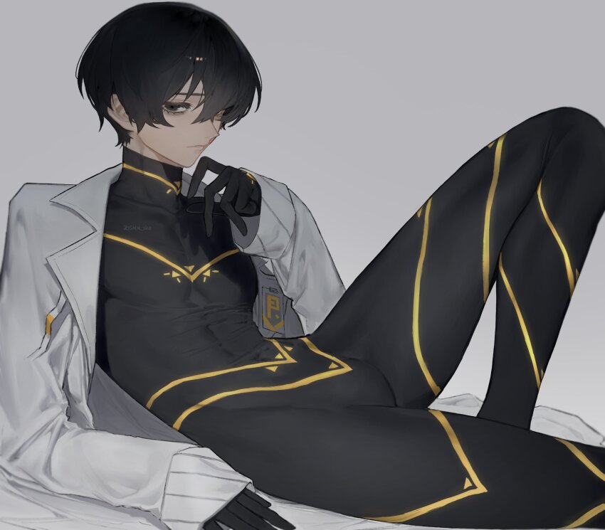 1boy black_bodysuit black_eyes black_hair bodysuit closed_mouth coat glowing_trim hand_up highres id_card lab_coat limbus_company looking_at_viewer lying male_focus on_back project_moon simple_background snn_shq solo white_background white_coat yi_sang_(project_moon)