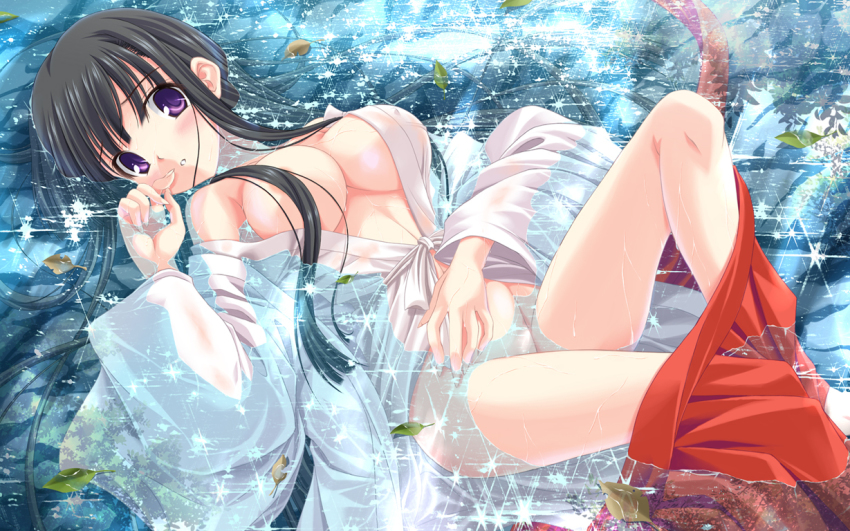 1girl black_hair blush breasts cleavage female_focus finger_to_mouth japanese_clothes leaf long_hair lying miko noritama_(gozen) on_back open_clothes original purple_eyes solo water wet