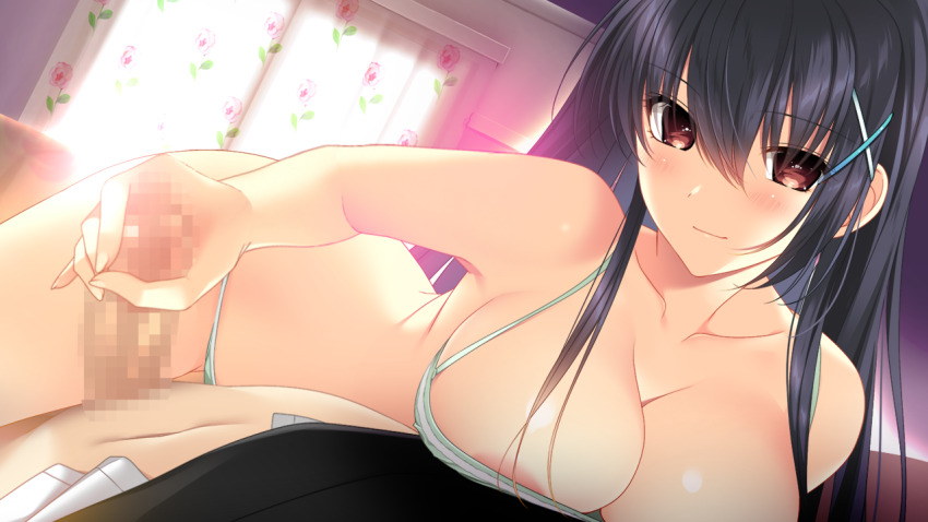 1boy 1girl areola_slip bare_arms black_hair blush breasts brown_eyes censored cleavage closed_mouth collarbone game_cg green_panties hair_between_eyes hair_ornament handjob hetero indoors jk_imouto. large_breasts long_hair mosaic_censoring navel panties penis shiny_skin smile spaghetti_strap tonomiya_ren underwear underwear_only very_long_hair x_hair_ornament yoppy