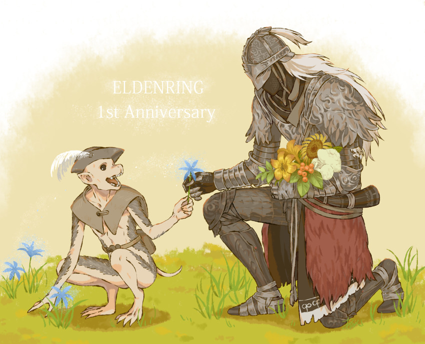 2boys :d animal anniversary arizuka_(catacombe) armor armored_boots blue_flower boc_the_seamster boots breastplate brown_background brown_headwear character_request collarbone elden_ring flower from_side full_armor gauntlets grass grey_hair happy hat_feather helmet long_hair looking_at_another looking_back monkey multiple_boys on_one_knee open_mouth orange_flower smile squatting tarnished_(elden_ring) white_background