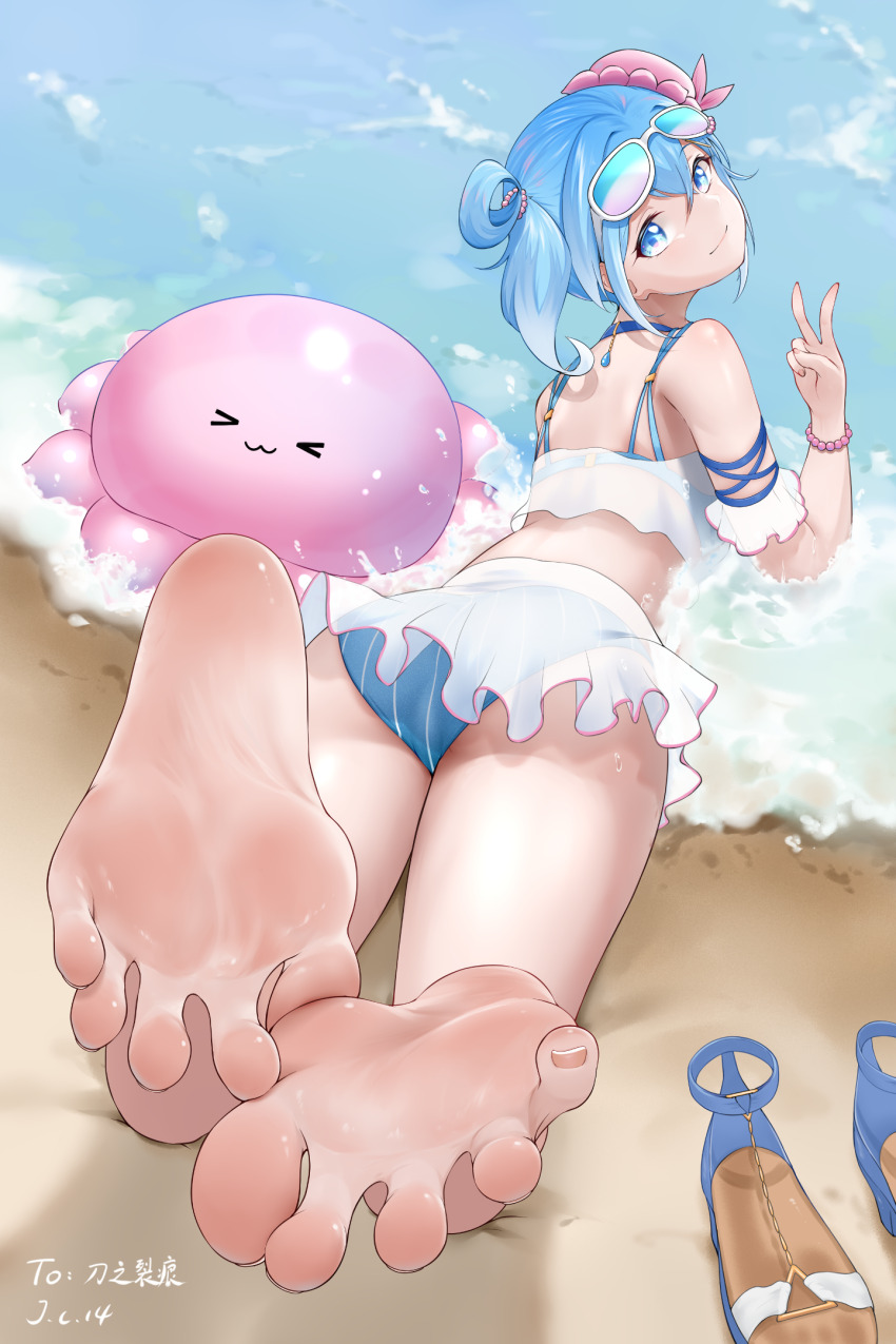 1girl barefoot beach blue_eyes blue_hair feet haiyi highres j.c.14 light_smile long_hair looking_at_viewer looking_back lying on_stomach sandals shoes soles sunglasses_on_head swimsuit synthesizer_v toes unworn_sandals unworn_shoes