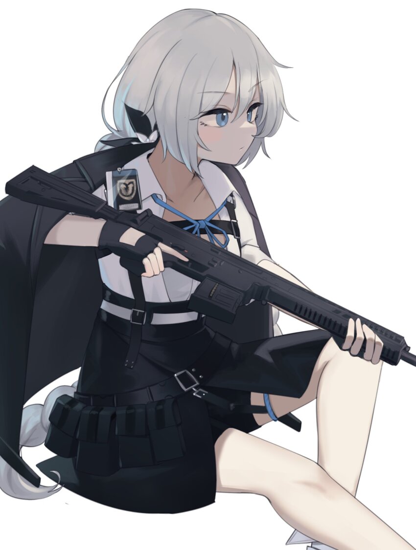 1girl apc556_(girls&#039;_frontline) assault_rifle b&amp;t_apc556 belt black_flower black_gloves black_jacket black_skirt blue_eyes blue_ribbon closed_mouth commentary dot_mouth english_commentary fingerless_gloves flower girls&#039;_frontline gloves grey_hair gun hair_flower hair_ornament highres hinami047 holding holding_gun holding_weapon id_card jacket jacket_on_shoulders long_hair neck_ribbon open_clothes open_jacket pouch ribbon rifle shirt simple_background sitting skirt solo trigger_discipline weapon white_background white_flower white_shirt