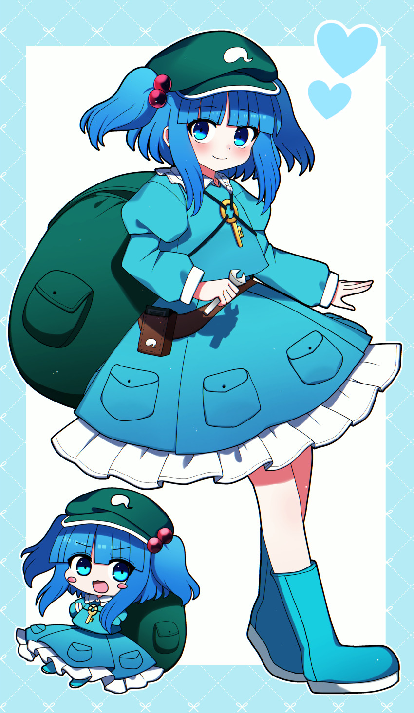 1girl absurdres blue_eyes blue_footwear blue_hair boots cabbie_hat dress frilled_dress frills full_body green_bag green_hat hair_bobbles hair_ornament hat heart highres holding holding_wrench jewelry kawashiro_nitori key key_necklace looking_at_viewer necklace smile solo touhou two_side_up wrench you_(noanoamoemoe)