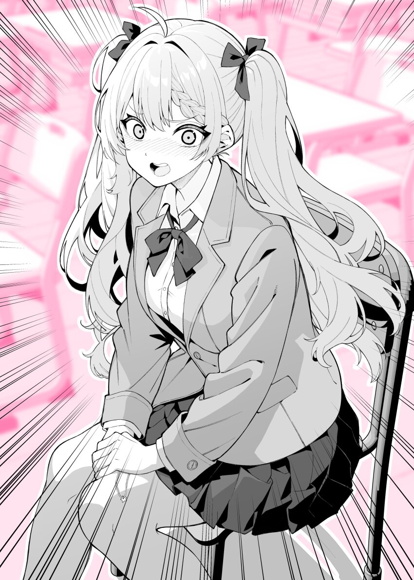 1girl absurdres ahoge blazer blush bow bowtie breasts collared_shirt commentary_request dress_shirt emphasis_lines feet_out_of_frame frown greyscale_with_colored_background hair_intakes hair_ribbon highres jacket kiraboshi_(ogata) long_hair long_sleeves looking_at_viewer loose_bowtie medium_breasts miniskirt nose_blush ogata_(ogt_illust) on_chair open_mouth original pink_background pleated_skirt ribbon school_uniform shirt sidelocks sitting skirt solo textless_version twintails variant_set very_long_hair wide-eyed