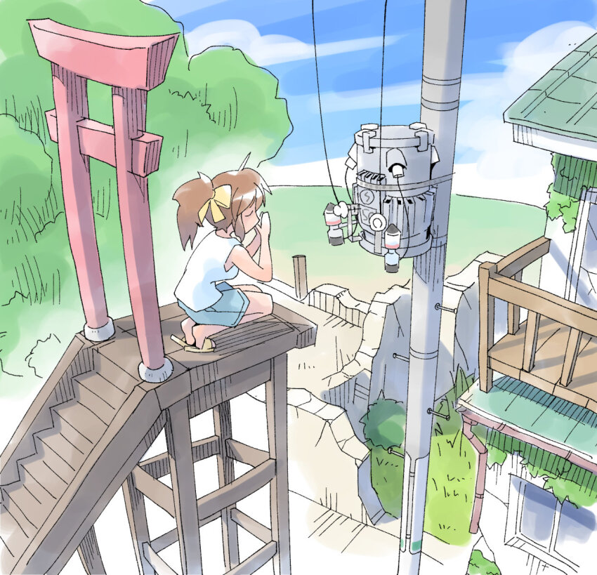 1girl blue_shorts bow brown_hair building day flip-flops hair_bow highres house masuki original outdoors own_hands_together plant ponytail praying sandals shirt shorts sleeveless sleeveless_shirt solo squatting stairs torii transformer tree utility_pole vines white_shirt yellow_bow