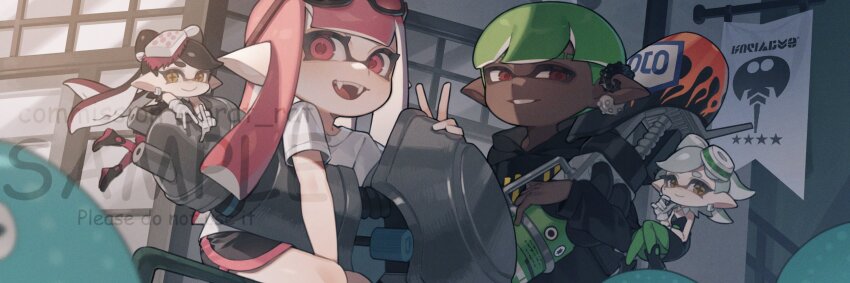 1boy 3girls :d alt_text between_legs black-framed_eyewear black_dress black_hair black_hoodie black_shorts bow-shaped_hair callie_(splatoon) closed_mouth commission cross-shaped_pupils dark-skinned_male dark_skin dolphin_shorts dress earclip earrings eyebrow_cut eyewear_on_head fangs film_grain gloves gradient_hair green_hair green_pantyhose grey_hair grin hand_between_legs highres holding holding_weapon hood hood_down hoodie inkling inkling_boy inkling_girl inkling_player_character jellyfish_(splatoon) jewelry long_hair long_pointy_ears marie_(splatoon) mini_person minigirl mole mole_under_mouth multicolored_hair multiple_girls nautilus_(splatoon) nintendo open_mouth pantyhose pink_eyes pink_hair pink_pantyhose pink_trim pointy_ears prat_rat range_blaster_(splatoon) red_eyes shirt short_hair short_sleeves shorts sitting smile splatoon_(series) strapless strapless_dress symbol-shaped_pupils tentacle_hair twintails two-tone_hair unworn_eyewear v watermark weapon white_gloves white_shirt yellow_eyes