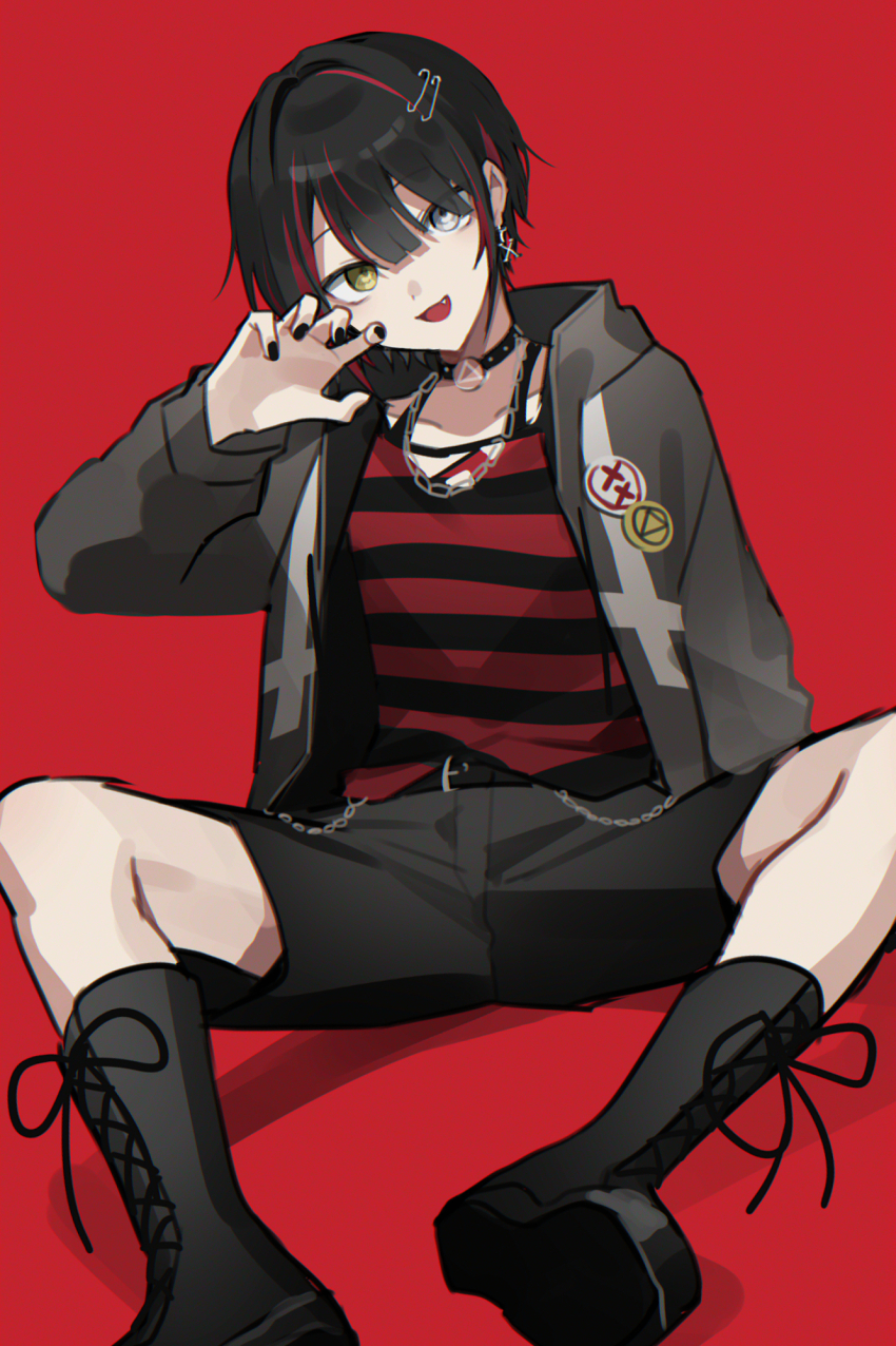 1boy ankle_boots arm_support black_footwear black_hair black_jacket black_nails black_shirt black_shorts boots buttons choker claw_pose colored_inner_hair commentary_request grey_eyes hand_up heterochromia highres jacket jewelry long_sleeves looking_at_viewer male_focus mashiro_meme mashiro_meme_(3rd_costume) multicolored_hair nail_polish necklace nijisanji open_mouth red_background red_hair red_shirt shadow shirt short_hair shorts simple_background sitting smile solo spread_legs striped_clothes striped_shirt virtual_youtuber waka_(wk4444) yellow_eyes