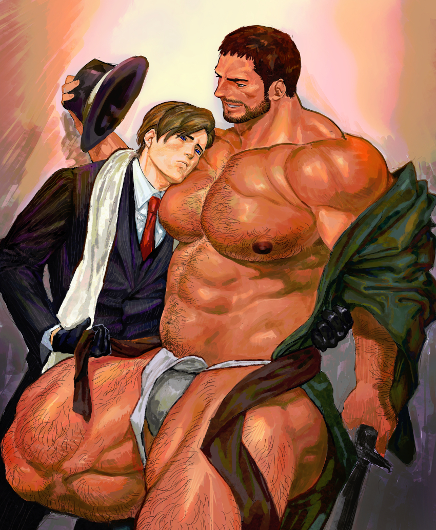 123456dyom 2boys abs absurdres bara bare_pectorals black_gloves black_hair black_jacket black_pants brown_hair chris_redfield facial_hair fundoshi gloves green_kimono hat highres holding holding_clothes holding_hat holding_unworn_clothes jacket japanese_clothes kimono large_pectorals leon_s._kennedy male_focus multiple_boys muscular muscular_male navel nipples pants pectorals resident_evil resident_evil_6 short_hair smile thick_thighs thighs yaoi
