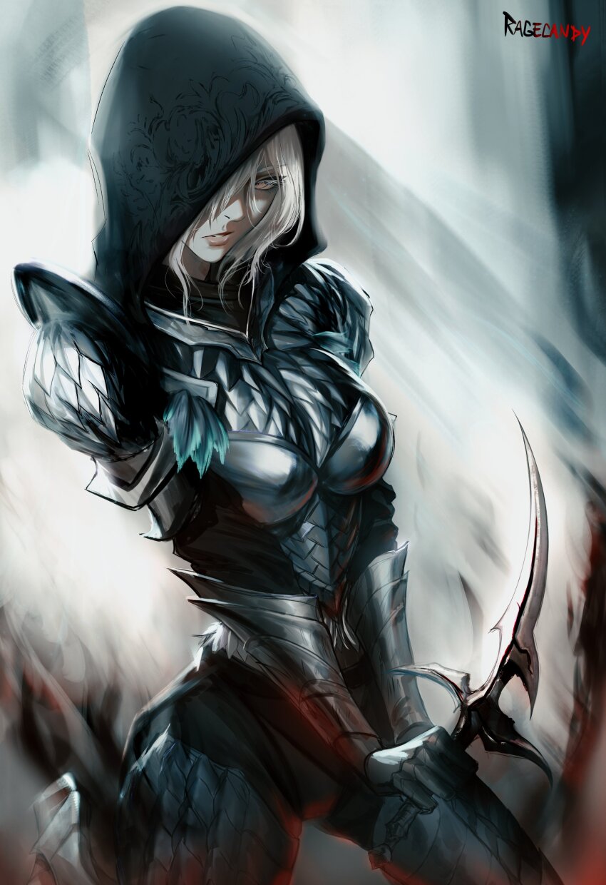 1girl absurdres armor artist_name black_knife_(elden_ring) black_knife_tiche breastplate commentary elden_ring english_commentary gauntlets hair_over_one_eye highres holding holding_weapon hood hood_up lips looking_at_viewer one_eye_covered parted_lips pink_eyes pink_lips ragecndy solo weapon white_hair