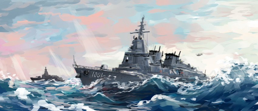 absurdres cannon highres incredibly_absurdres military military_vehicle ocean original rokubotei_ayagiri ship ship_turret sky smokestack vehicle_request warship watercraft waves