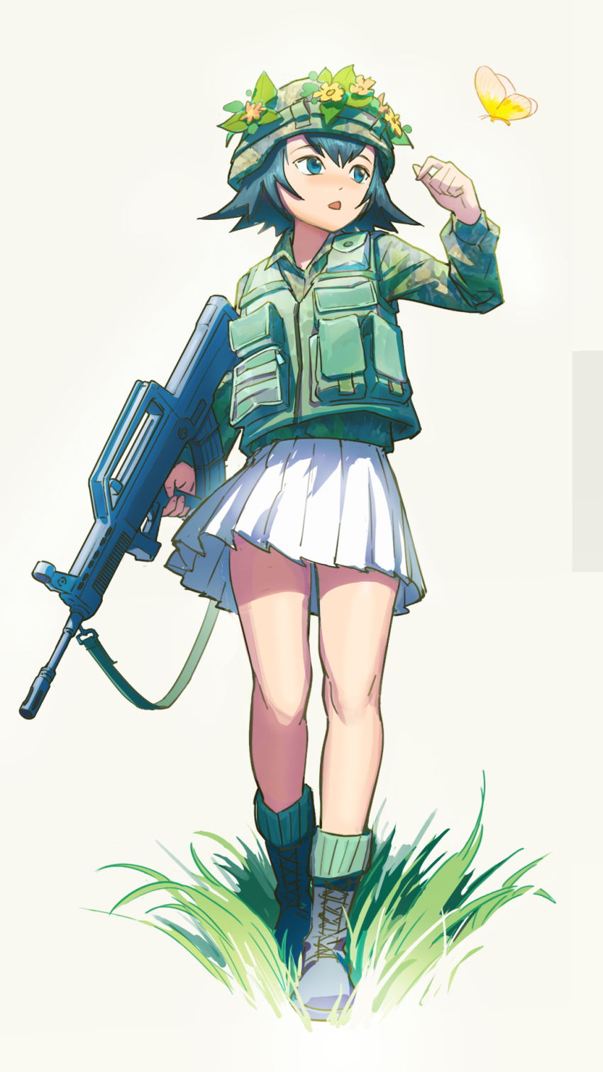 1girl :o assault_rifle black_hair blue_eyes bug bullpup butterfly day flipped_hair fu_che262 grass green_helmet gun hand_up head_wreath helmet highres holding holding_gun holding_weapon insect military original outdoors pocket qbz-95 rifle short_hair skirt vest weapon white_background white_skirt yellow_butterfly