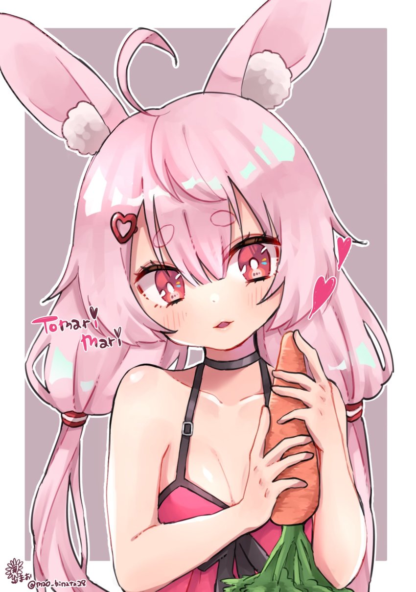 1girl ahoge animal_ear_fluff animal_ears artist_name breasts camisole carrot character_name choker cleavage eyebrows hair_ornament hairclip heart highres indie_virtual_youtuber long_hair low_twintails mao_hinata pink_eyes pink_hair rabbit_ears red_camisole small_breasts solo tomari_mari twintails upper_body virtual_youtuber