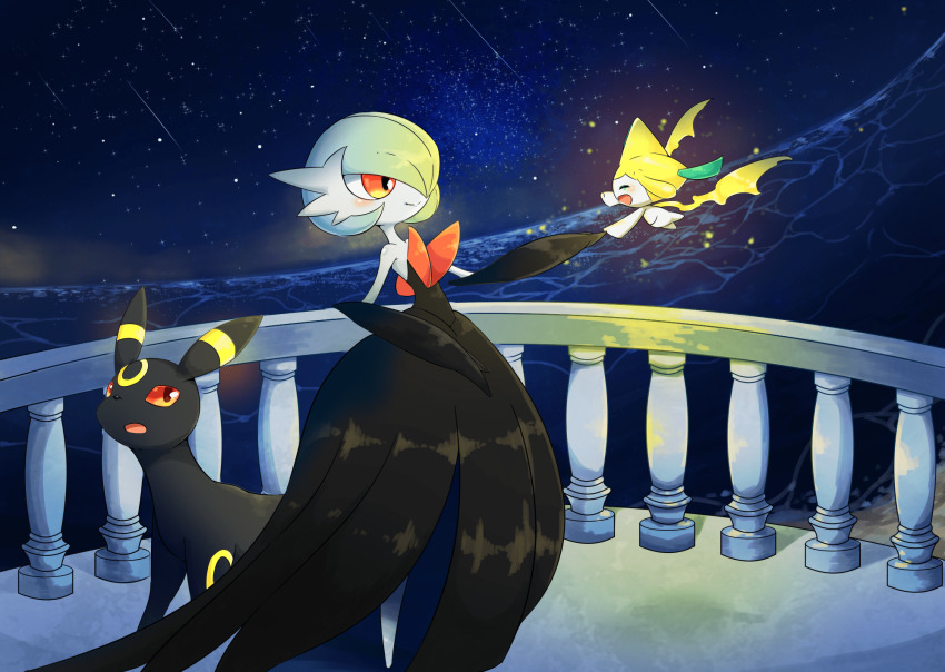 alternate_color black_dress black_fur black_gloves blue_hair closed_eyes creatures_(company) dress elbow_gloves game_freak gardevoir gen_2_pokemon gen_3_pokemon gloves highres jirachi legendary_pokemon matata mega_gardevoir mega_pokemon mythical_pokemon night night_sky nintendo orange_eyes pokemon pokemon_(creature) red_eyes shiny_pokemon sky smile star_(sky) starry_sky strapless strapless_dress two-tone_fur umbreon