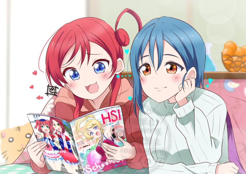 2girls :3 :d armpits arrow_(symbol) ayase_eli blue_eyes blue_hair blurry blurry_background blush bokura_no_hashittekita_michi_wa... breasts cheerleader closed_mouth erlenmeyer_flask flask food fruit grey_sweater hair_between_eyes hair_bun heart highres hood hood_down hoodie indoors kotatsu large_breasts long_sleeves looking_at_another love_live! love_live!_nijigasaki_high_school_idol_club love_live!_school_idol_project love_live!_sunshine!! love_live!_superstar!! lying magazine_(object) mandarin_orange multiple_girls official_alternate_costume on_stomach open_mouth orange_eyes reading red_hair red_hoodie ribbed_sweater sakurauchi_riko short_hair short_hair_with_long_locks signature single_side_bun smile split_mouth sweater table under_kotatsu under_table wakana_shiki watermark yoneme_mei zero-theme zhong_lanzhu