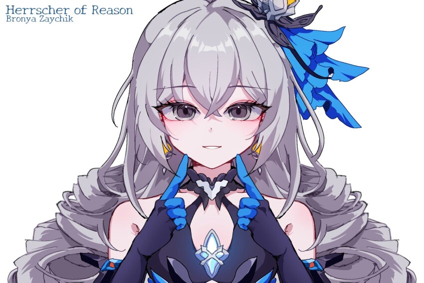 1girl bare_shoulders black_dress black_gloves bronya_zaychik bronya_zaychik_(herrscher_of_reason) character_name commentary_request dduehddueh dress elbow_gloves gloves grey_eyes grey_hair hair_between_eyes hands_up highres honkai_(series) honkai_impact_3rd index_finger_raised korean_commentary long_hair looking_at_viewer parted_lips ringlets simple_background smile solo upper_body white_background