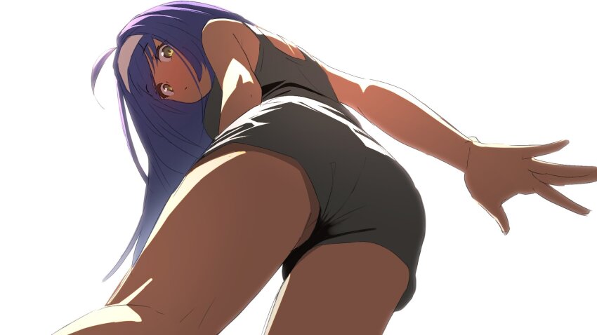 1girl ahoge ahonoko ass black_shorts black_tank_top closed_mouth fire_emblem fire_emblem:_path_of_radiance from_below green_eyes hairband highres long_hair looking_at_viewer mia_(fire_emblem) nintendo purple_hair shirt shorts sleeveless sleeveless_shirt solo tank_top white_background white_hairband