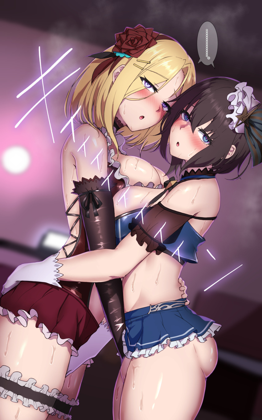 2girls 4tb_(4tera_byte) alternate_costume aoi_erika asymmetrical_docking black_gloves black_hair blonde_hair blue_skirt blush breast_press breasts fingering fingering_through_clothes fingering_through_panties flower gloves green_eyes hair_flower hair_ornament heaven_burns_red highres hypnosis indoors large_breasts looking_at_viewer minase_ichigo mind_control multiple_girls red_skirt short_hair skirt thigh_strap through_clothes white_gloves yuri