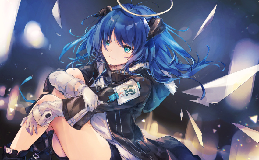 1girl arknights bad_id bad_pixiv_id bare_legs black_jacket blue_eyes blue_hair blush commentary feet_out_of_frame fur-trimmed_jacket fur_trim halo highres hood hooded_jacket horns jacket knees_up long_hair long_sleeves looking_at_viewer mostima_(arknights) open_clothes open_jacket shirt sitting smile solo thighs ukishizumi white_shirt