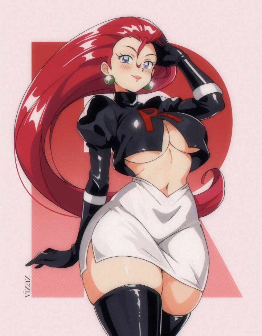 1girl adjusting_hair artist_name black_gloves black_shirt black_thighhighs blue_eyes blush breasts closed_mouth commentary cowboy_shot creatures_(company) crop_top earrings game_freak gloves hair_between_eyes highres jessie_(pokemon) jewelry large_breasts lips long_hair navel nintendo pink_background pokemon pokemon_(anime) red_hair shirt skirt smile solo symbol-only_commentary thighhighs underboob vizaz white_skirt